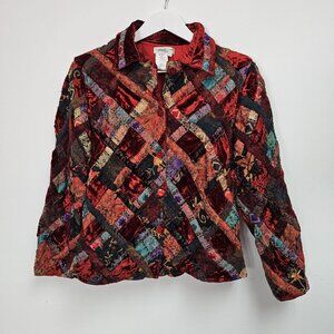 Coldwater Creek Womens Embroidered Patchwork Jacket Large Velvet Tapestry Red
